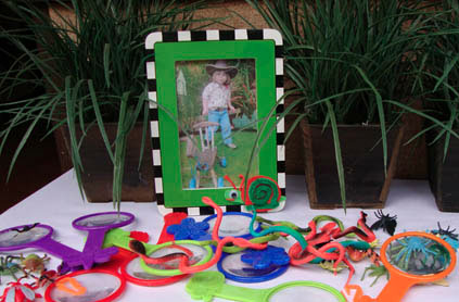 A colorful display of children's toys and a framed photograph of a young boy on a swing, set on a table with potted plants in the background.