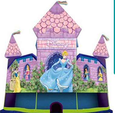 Inflatable bounce house with a disney princess theme, featuring cinderella and other characters on the front design.