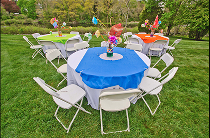 Outdoor party setup with white chairs and colorful tablecloths, featuring vibrant centerpieces in a grassy area.